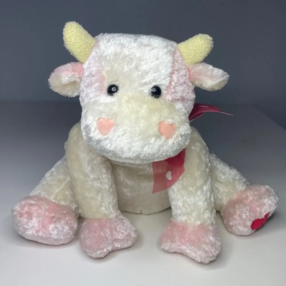 Vintage Walmart Pink Cow Plush 9” White Cream Valentines Heart Bow Pastel Floppy